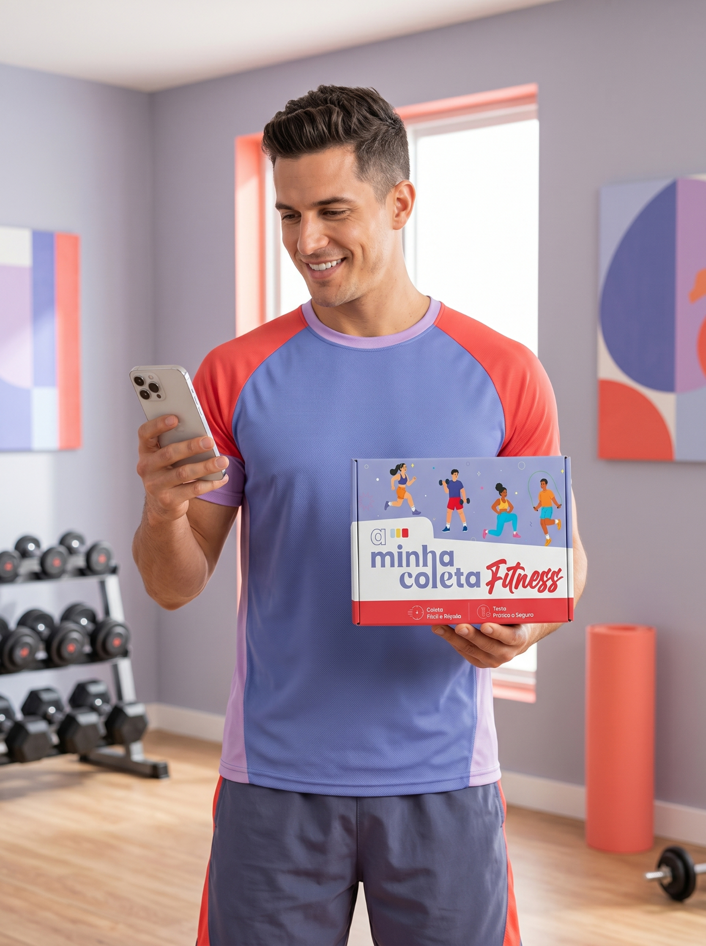 Homem jovem em ambiente fitness segurando kit minha coleta Fitness e smartphone