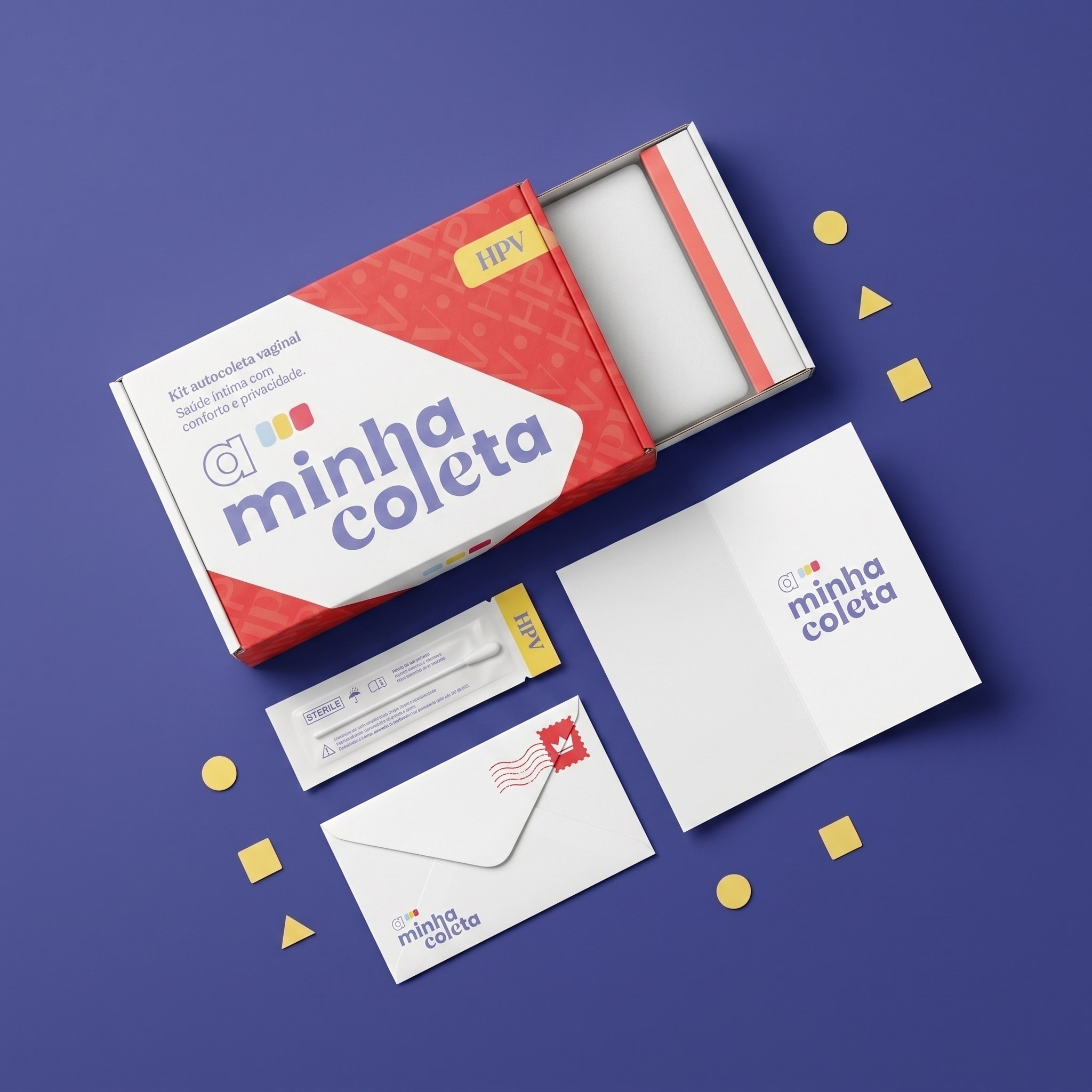 Flat lay do kit Minha Coleta HPV com caixa, swab, envelope e manual